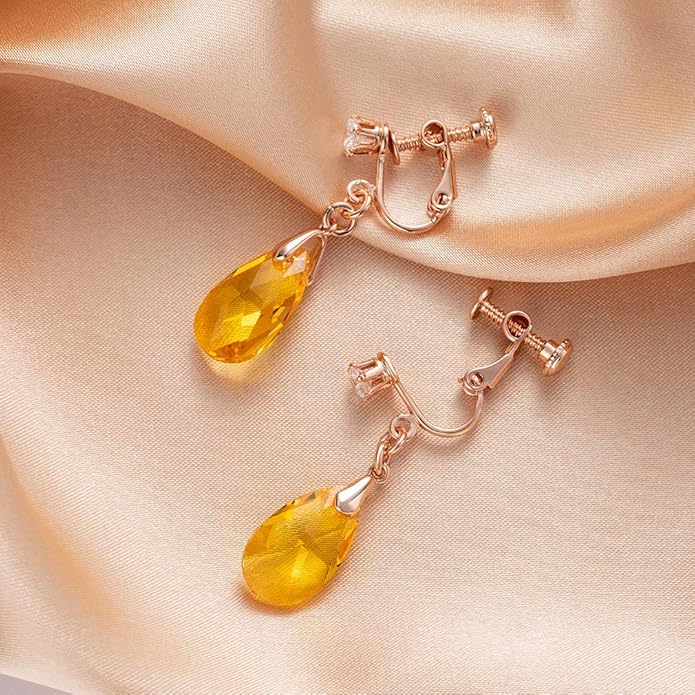 Teardrop Austrian Crystal Drop Clip On Dangle Earrings for Women Non Pierced 14K Rose Gold Plated Hypoallergenic Jewelry