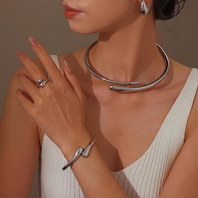 4 Pcs Statement Jewelry Set for Women – 18K Gold Plated Teardrop Necklace, Gold Drop Earrings, Bold Rings & Cuff Bracelets, Elegant Jewelry Gifts for Women