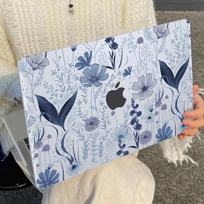 for MacBook Pro 13 Inch Case 2022 2021 2020 Release A2338 M2 M1 A2251 A2289, Plastic Hard Shell Case for MacBook Pro 13.3 inch with Touch Bar & Touch ID, Navy Blue Wild Flowers