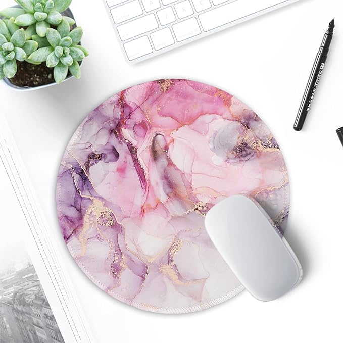 ITNRSIIET Round Mouse Pad with Stitched Edge Premium-Textured Waterproof Non-Slip Rubber Base Desktop Protection Mat Diameter 8.7 inches, Pink Abstract Marble