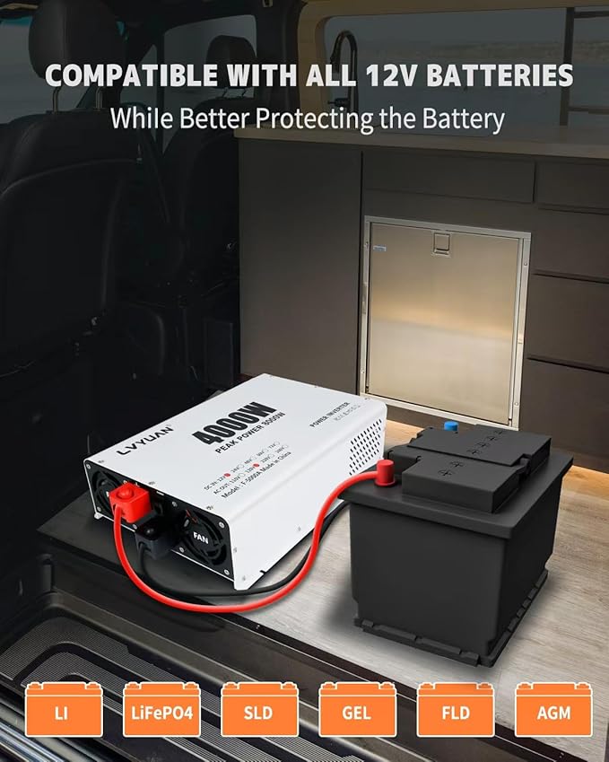 LVYUAN 4000 Watt Power Inverter 12V to 110V 120V DC to AC Converter with 4 AC Outlets, LCD Display, USB Charge Port, Remote Control for Home RV Vehicle Outdoor Camping Car Power Inverter