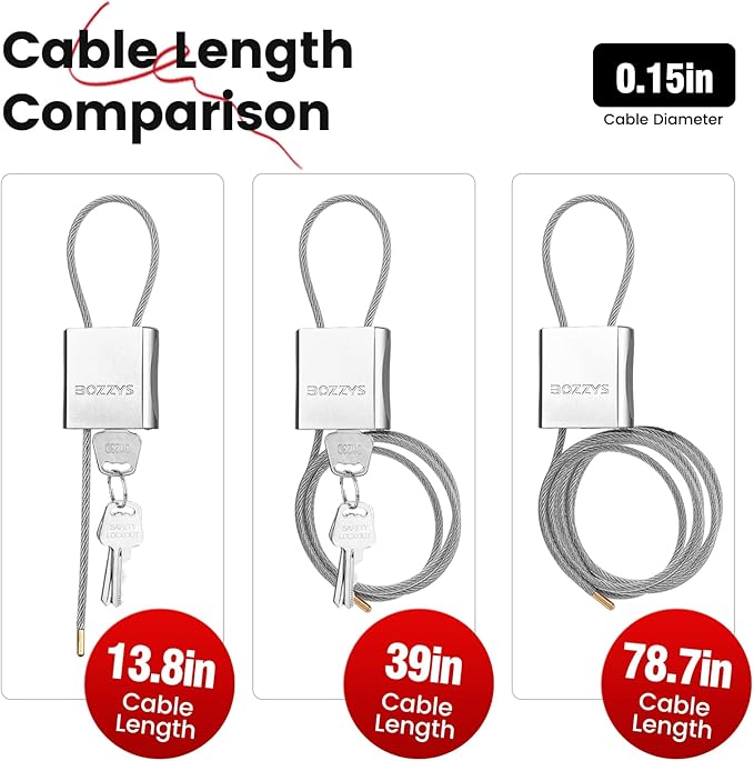 Cable Lock with 3 Keys | L 6.56ft(2m),D 1/6in(4mm) Adjustable Steel Cable Padlock | Aluminum Locks for Bikes, Gate, Lockers & Outdoor Gear | Weatherproof& Silver