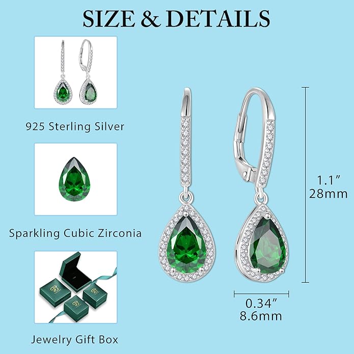 FJ Teardrop Jewelry Set for Women 925 Sterling Silver Emerald Necklace and Earrings Set Pear Cut May Birthstone Jewelry Gifts