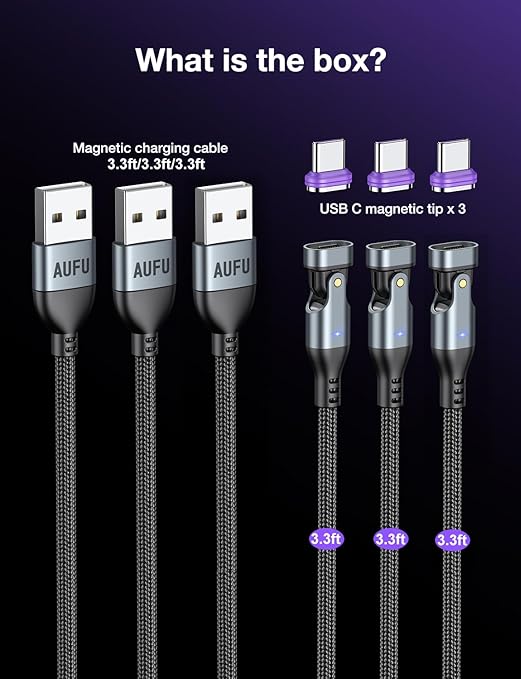 AUFU 16PIN USB C Magnetic Charging Cable (3Pack, 3.3/3.3/3.3ft), 180° Rotation Magnetic Charger Cable/Magnet USB C Cable/Magnet Phone Charger/Date USB Charging Cord for Phone/Tablet/Laptop