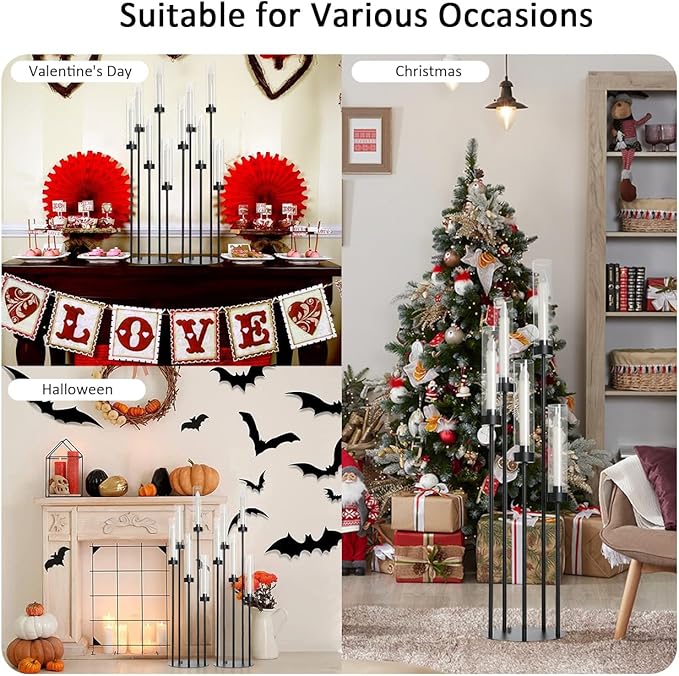 39.8''Matte Black Candle Holder with Acrylic Shades Tall 5 Arm Candelabra Black Table Centerpiece for Wedding Living Dining Room Fireplace Decoration Fit 0.98''LED Taper