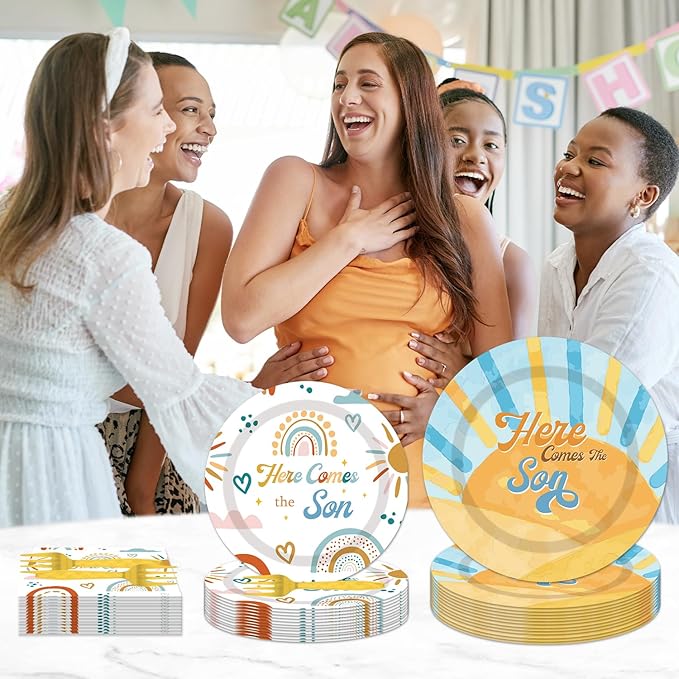 96PCS Here Comes The Son Plates and Napkins Party Supplies Here Comes the Son Baby Shower Decor Sunshine Baby Shower Decorations Boy Boho Sun Tableware Set for 24 Guests