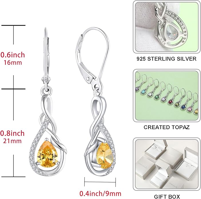 Starchenie Infinity Dangle Drop Earrings Sterling Silver Leverback Earrings Gemstones Twisted Jewelry