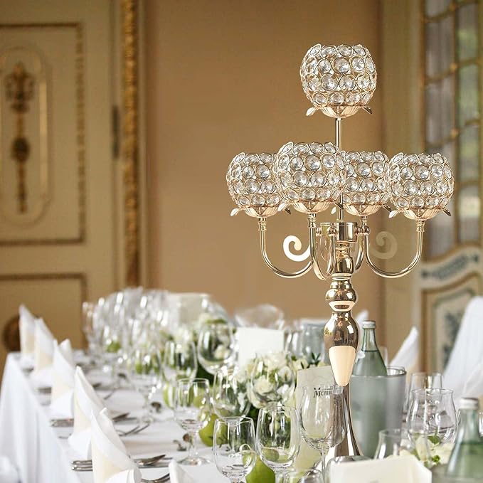 4Pcs 22 Inch Tall 5-Arm Gold Elegant Crystal Candelabra – Fancy Looking Candle Holder, Perfect for Your Table Centerpiece, Wedding & Christmas Dinner Party Events, Home Decor