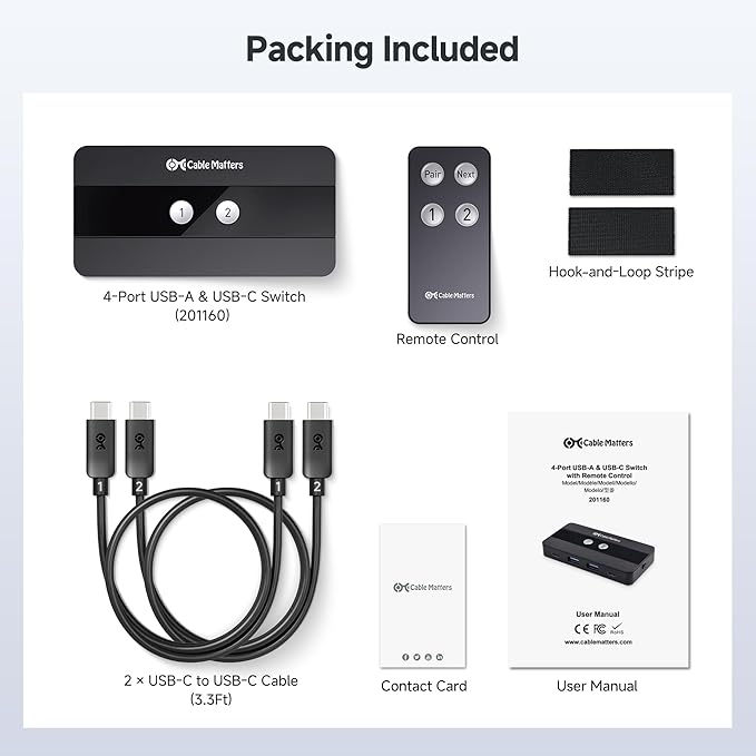 Cable Matters USB C Switch for 2 Computers with Remote Control, 10Gbps Data Transfer, Shares 2X USB-A and 2X USB-C Peripherals (Keyboard, Mouse, Printer, SSD), Data Only - No Video, No Host Charging