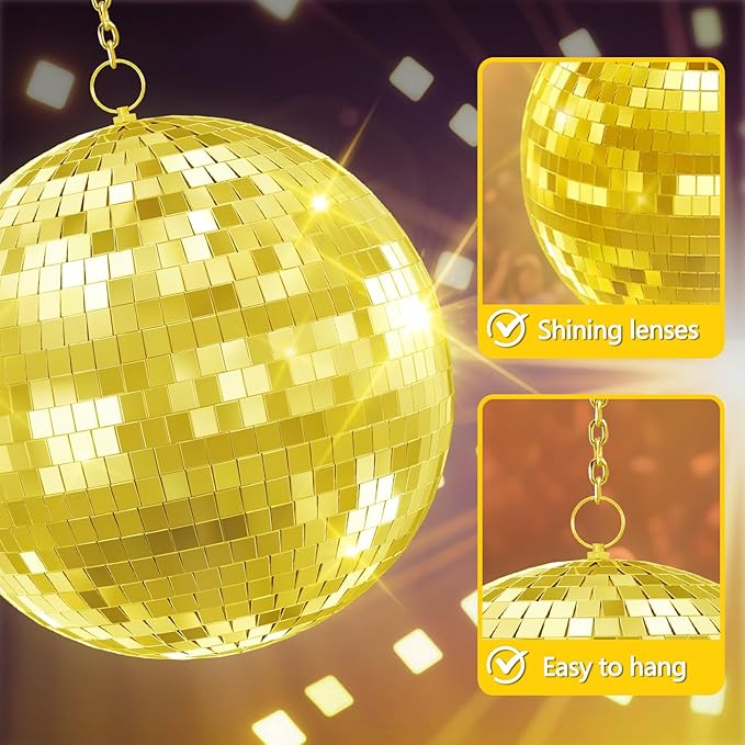 Classic Mirror Ball for Disco, 12"/16"/20" Mirror Disco Ball with Hanging Ring for DJ Club Party Live Wedding Stage Lighting Home Decor Golden 20Inch