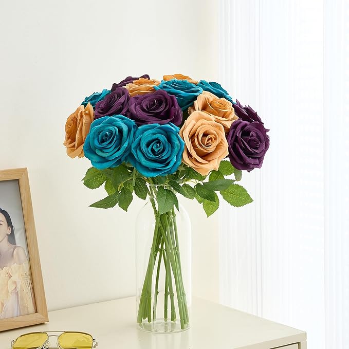 15pcs Fake Roses Artificial Silk Flowers Faux Rose Flower Long Stems Bouquet for Arrangement Wedding Centerpiece Party Home Kitchen Decor