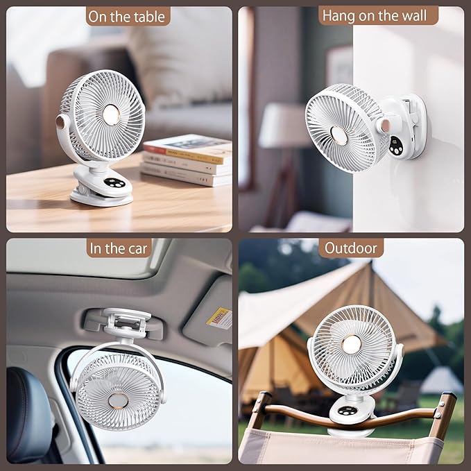 iNeibo 10000mAh Portable Clip on Fan, 90° Oscillating Fan, 8 Inch Rechargeable Battery Operated Desk Fan, Strong Airflow, 5 Speeds, Sturdy Clamp for Golf Cart Home Office Outdoor Travel (White)