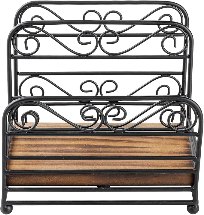 MyGift 2-in-1 Disposable Napkin and Salt & Pepper Caddy, Black Metal Vintage Scrollwork Dinner Table Paper Towel Condiment Holder with Rustic Burnt Solid Wood Base