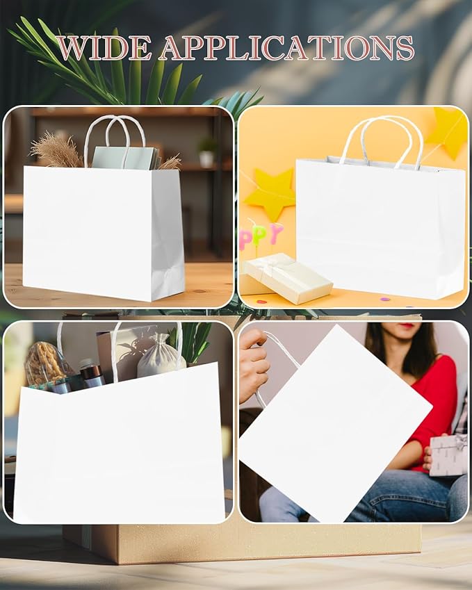 qiqee 30-Packs White Gift Bags with Handles Bulk 13"x4.5"x10" Wide Large Size Party Paper Bags