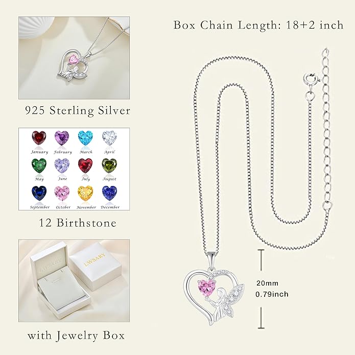 Guardian Angel Necklace 925 Sterling Silver Heart Angel Wings Pendant Birthstone Jewelry for Women