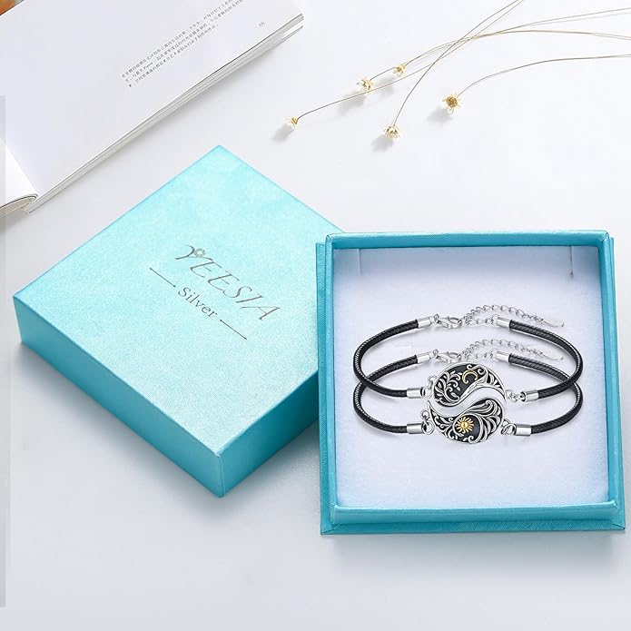 Yin Yang Bracelet 925 Sterling Silver Couple Friendship Bracelets Tree of Life/Sun Moon/Mountain/Lotus Abalone Jewelry for Women Men Couples, Leather Cord 7+2 in