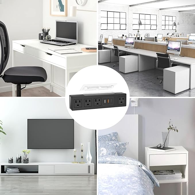 HHSOET 45W Under Desk Power Strip with 3M Adhesive, Removable Under Desktop Mount Plug with Fast Charging USB C and USB A Ports, 4 Outlet Under Table Surge Protector 1200J, 6FT Extension Cord. (Black)