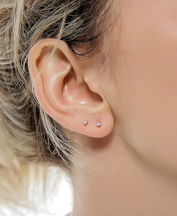 14K Gold Filled Polished Small CZ Pearl Ball Stud Earrings Set for Women Men 20G Surgical Steel Hypoallergenic Piercing Studs for Sensitive Ear, Pack of 6 Pairs