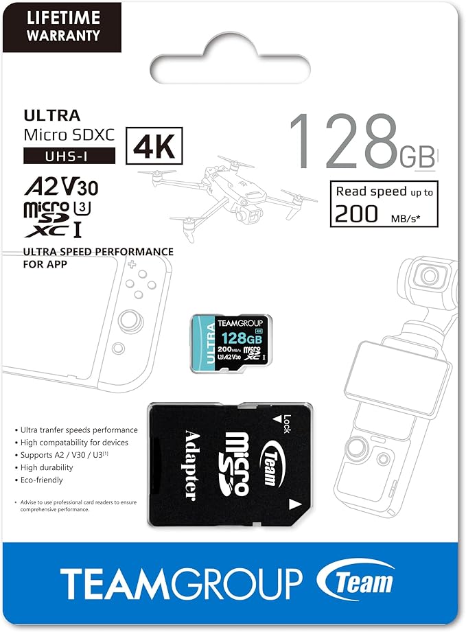 TEAMGROUP A2 Ultra Card 128GB Micro SDXC UHS-I U3 A2 V30, R/W up to 200/80 MB/s with Adapter TULMSDX128GIA2V3022503