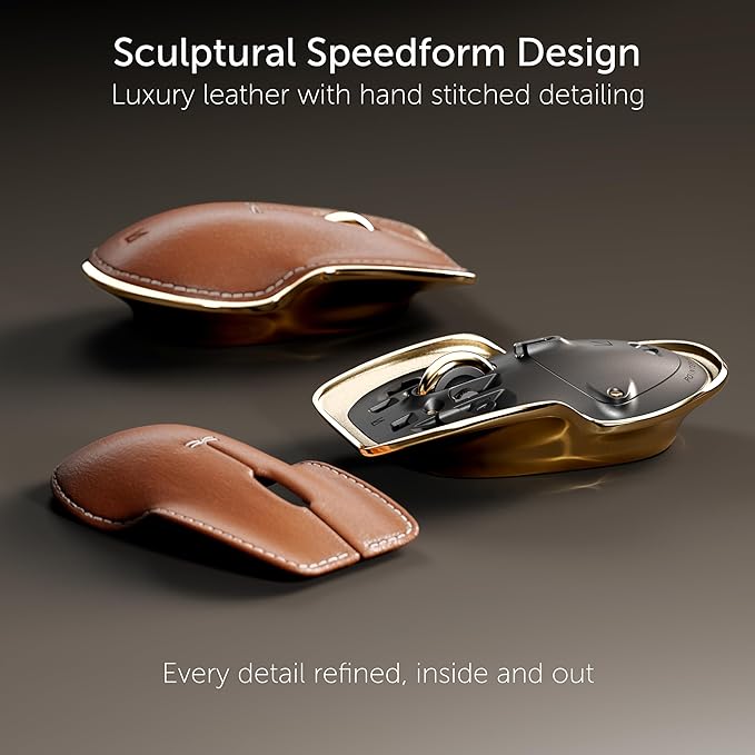 LUNAR ARTEFACTS Ambidextrous Rechargeable Bluetooth Wireless Computer Mouse Brown French Leather and Gold Tone Plated Aluminum, Qi Enabled USB-C