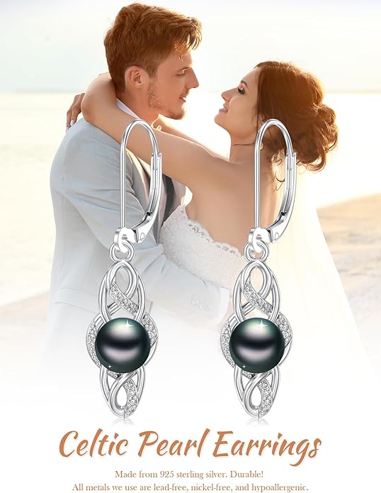 Tahitian Black Pearl Earrings Gifts for Women Wife Celtic Dangle Drop Earrings Wedding Birthday Anniversary Jewelry Valentines Christmas Day Gifts 925 Sterling Silver
