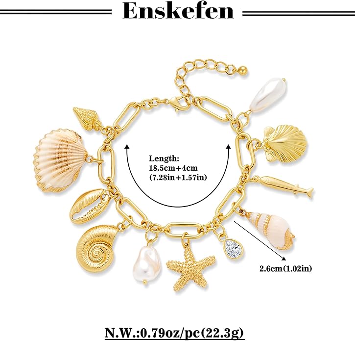 Gold Charm Bracelet for Women Boho Adjustable Shell Starfish Bracelet Summer Beach Ocean Statement Bracelets