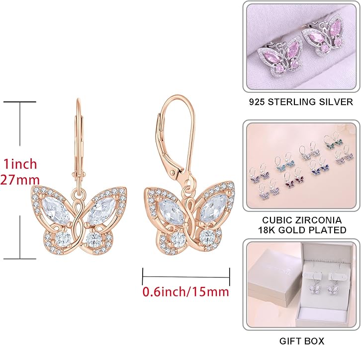 Starchenie Butterfly Earrings for Women 925 Sterling Silver Leverback Earrings Birthstone Butterfly Jewelry Gifts