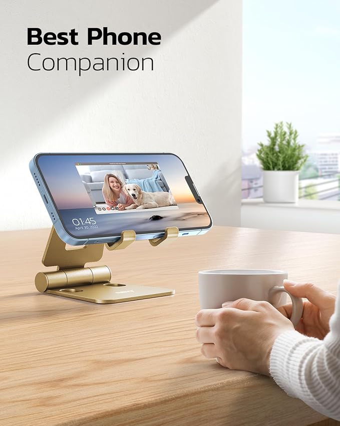 Nulaxy Dual Folding Cell Phone Stand, Fully Adjustable Foldable Desktop Phone Holder Cradle Dock Compatible with iPhone 17 16 15 14 13 12 11 Pro Xs Xs Max Xr X 8, Nintendo Switch, All Phones - Gold