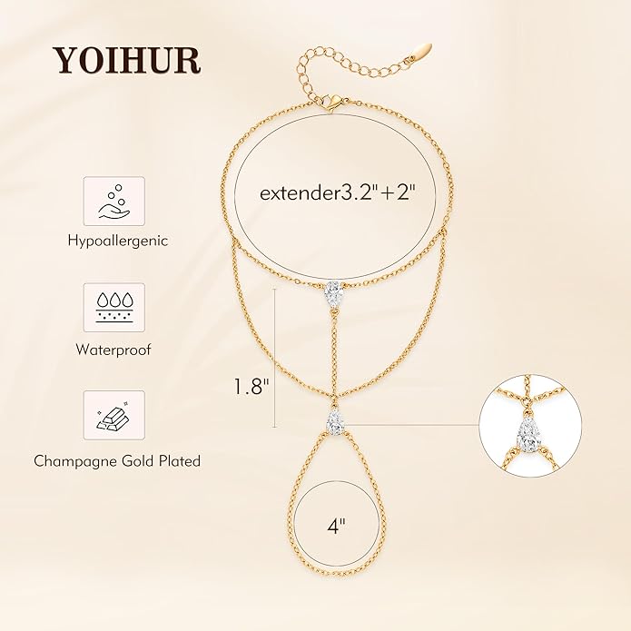 YOIHUR Champagne Gold Plated Hand Chains for Women, Adjustable Hand Chain Bracelet and Ring, Gold Hand Chain Bracelets Stack Jewellery Stars and Cubic Zirconia Hand Jewelry for Valentine's Day
