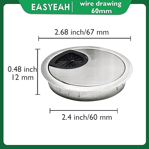 1 Pcs Desk Grommet 2-3/8" / 60 mm, Desk Cord Hole Cover, Cable Grommet Metal Zinc Alloy Materilal, Desk Hole Grommet for Home & Office Pc, Detachable Cable Cord Organizer-Brushed Silver
