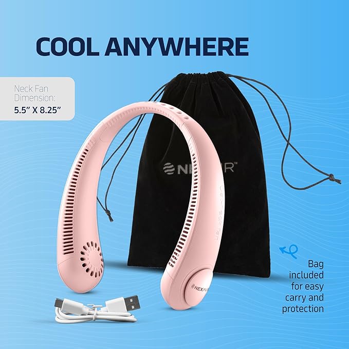 Portable Neck Fan -3 Speed Rechargeable Bladeless Neck Cooler, Pink Comfortable Lightweight, Personal Neck Fan For Women & Men Modern Design, Great Cooling Fan For Travel, Outdoors & Sports