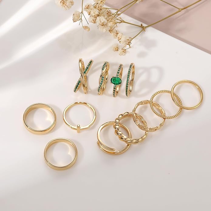FAXHION 12 PCS Dainty 14K Gold Rings for Women, Eternity Open Chunky Twist Simulated Diamond Criss Cross Designs, Non Tarnish Gold Plated Stacking Thumb Ring, Perfect for Wedding Bands Size 5-11