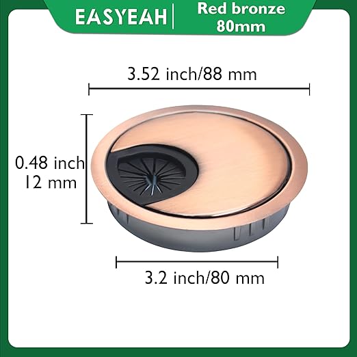 1 Pcs Desk Grommet 3-1/8" / 80 mm, Desk Cord Hole Cover, Cable Grommet Metal Zinc Alloy Materilal, Desk Hole Grommet for Home & Office Pc, Detachable Cable Cord Organizer-Copper Red