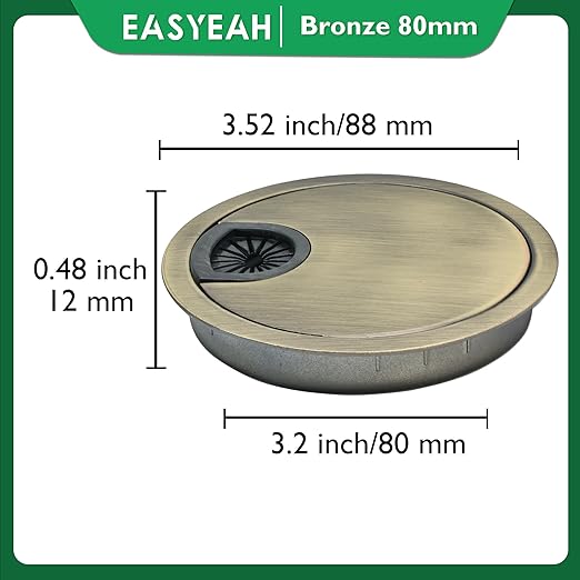 2 Pcs Desk Grommet 3-1/8" / 80 mm, Desk Cord Hole Cover, Cable Grommet Metal Zinc Alloy Materilal, Desk Hole Grommet for Home & Office Pc, Detachable Cable Cord Organizer-Bronze