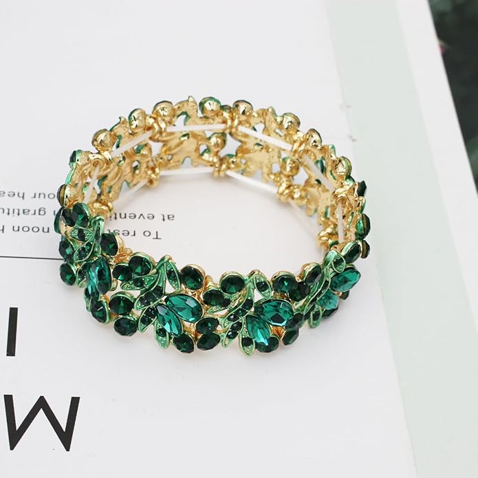 Wedding Leaf Flower Crystal Teardrop Pendant Necklace Dangle Earrings Stretch Bracelet Jewelry Set for Women Bridal Party Prom