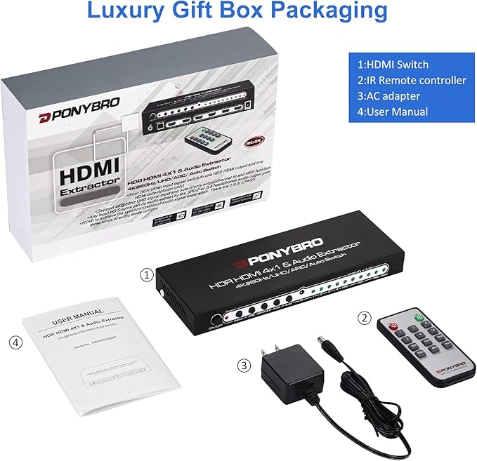 HDMI 2.0 Switch 4 Port with Audio Extractor – 4K@60Hz HDR10, Optical/AUX/ARC Audio Output, Auto-Switching for PS5/Xbox/Soundbar, Dolby Digital & DTS Support, Remote Included.