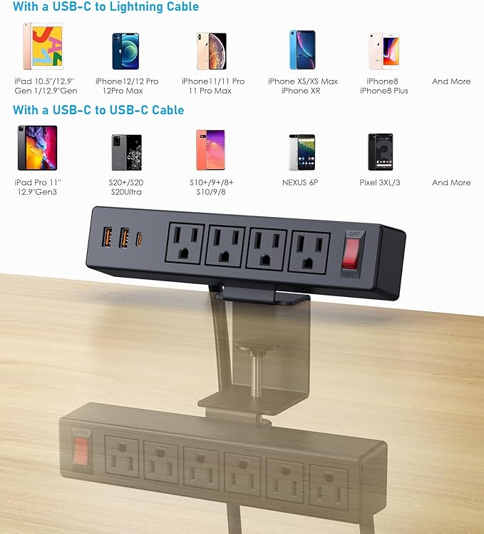 Dual Layer Desk Clamp Power Strip Surge Protector, Under Desk Power Strip with 10AC Outlets & 3 USB(20W USB-C), Desktop Edge Mount Charging Station, 6 Ft Extension Cord for Office Home (ETL Listed)