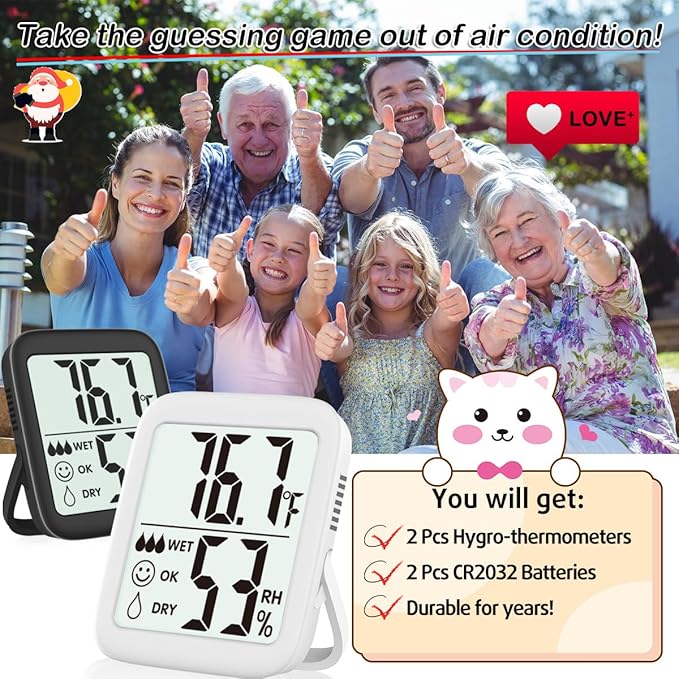 Antonki 2 Pack Room Thermometer for Home, Indoor Hygrometer Humidity Meter Gauge, Digital Temperature and Humidity Sensor Monitor for House, Terrarium, Incubator, Greenhouse - Battery Included