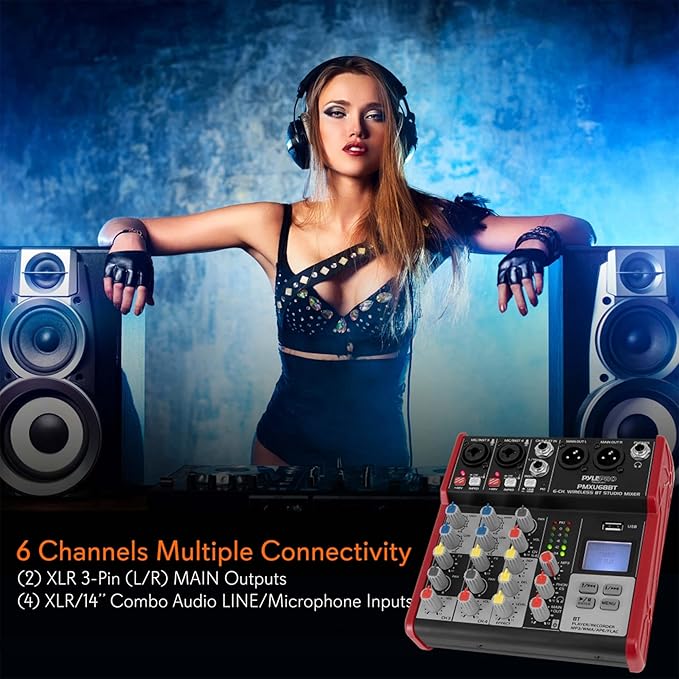 Pyle Professional Wireless DJ Audio Mixer - 4 Channel Bluetooth Controller Sound Mixer, USB Audio Interface, 2 Combo Jack XLR+6.35mm Mic/Line/Guitar in, 3.5mm, RCA AUX, Headphone Jack - PAD43MXUBT