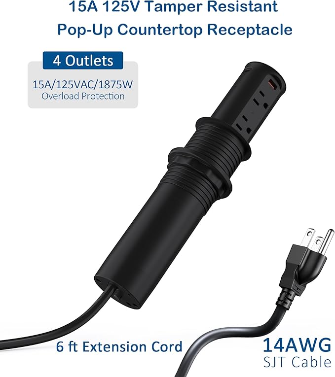 Pop up Outlet for Countertop,2.5 Inch Hole Desktop Power Grommet,Recessed Power Strip,20W USB C Fast Charging,4 Outlets 4 USB Ports,15Amp Tamper Resistant Receptacle for Home,Kitchen,Office Black
