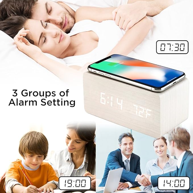 OCT17 Alarm Clock with Qi Wireless Charging Pad Compatible with iPhone Samsung Wood LED Digital Clock Sound Control Function, Time Date, Temperature Display for Bedroom Office Home - White