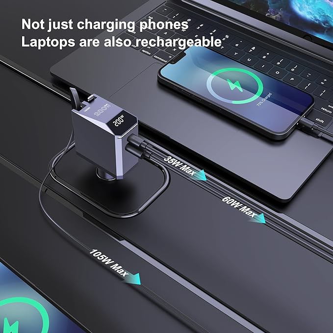 Aftertop 200W Retractable Car Charger, 3-in-1 Independent Fast Charging, 2.3ft 105W Retractable Cable, Power Display USB C Car Charger for MacBook Pro, iPhone 16 15, Galaxy S25 S24 Ultra etc