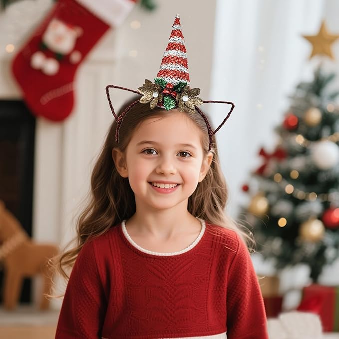 Glittering Christmas Unicorn Headband with Red White Sequined Horn, Hollow-Out Ears, Green Leaves, Red Bells & Gold Flowers - Christmas Cosplay Hairband Festive Party Hair Accessories for Women