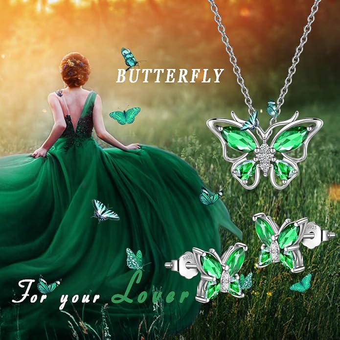 925 Sterling Silver Birthstone Butterfly Jewelry Women Crystal Animal Cute Butterflies Birthday Necklace/Earring/Ring/Bracelet Sets Birth Stone Statement Anniversary Jewellery