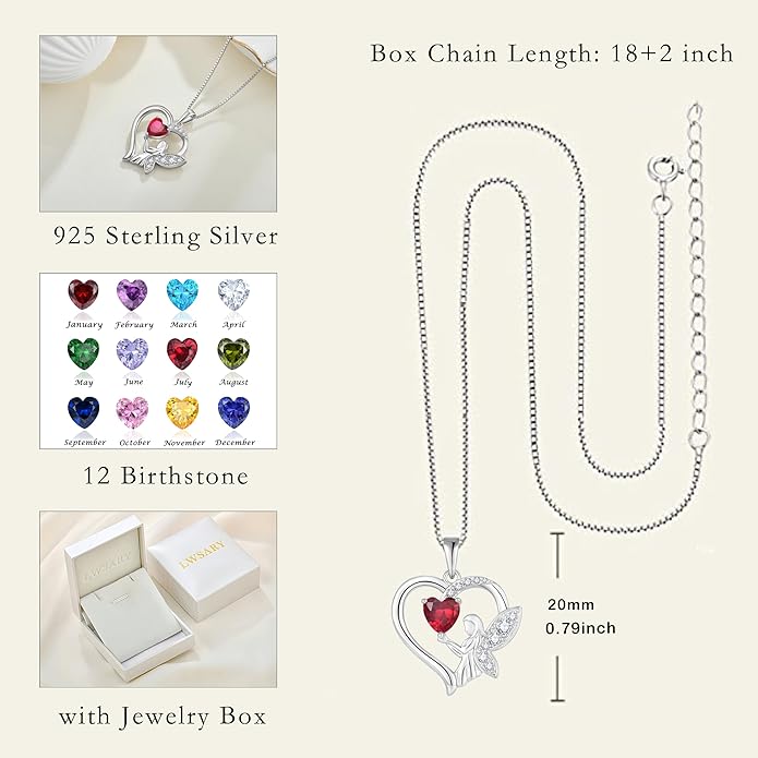Guardian Angel Necklace 925 Sterling Silver Heart Angel Wings Pendant Birthstone Jewelry for Women