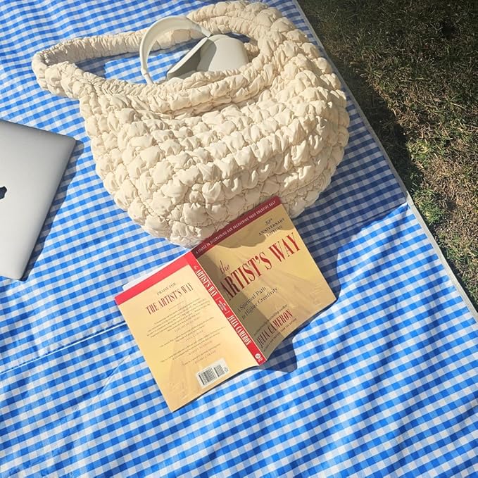 Cute Gingham Picnic Blanket, Waterproof Foldable, in Large 80x60in and Extra Large 80x80in, Portable Compact Beach Blanket, Oversized XL Outdoor Mat (Blue, X-Large)