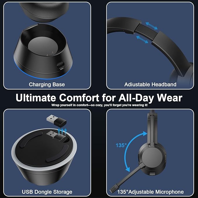 Wireless Headset with Mic for Work, Bluetooth Headset with Microphone (Noise Cancellation), Wireless Headphones with USB Dongle & Charging Dock for Call Center/Home/Computer/PC/Laptop/Teams/Zoom