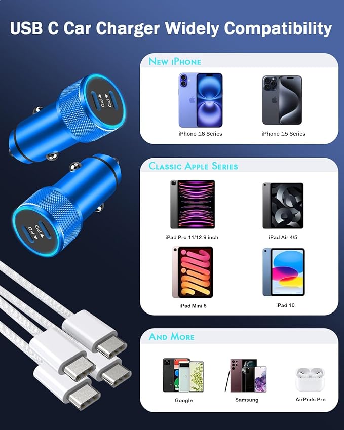 iPhone Car Charger Fast Charging,iPhone 16 Car Charger 2PACK Dual USB C PD3.0 Port CarCharging Adapter and USB C to C Braided Nylon Charging Cable Compatible with iPhone 16/16 Pro Max/15/iPad(Blue)