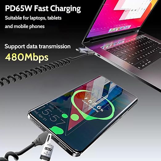 65W 4-in-1 Retractable Fast Charging Cable, 2M/6.5ft Spring Coiled USB-C to L/USB-C/USB-A Multi-Device Cord for iPhone 15/14/13, iPad, Samsung, MacBook, Laptop, Car, Tablet (2)