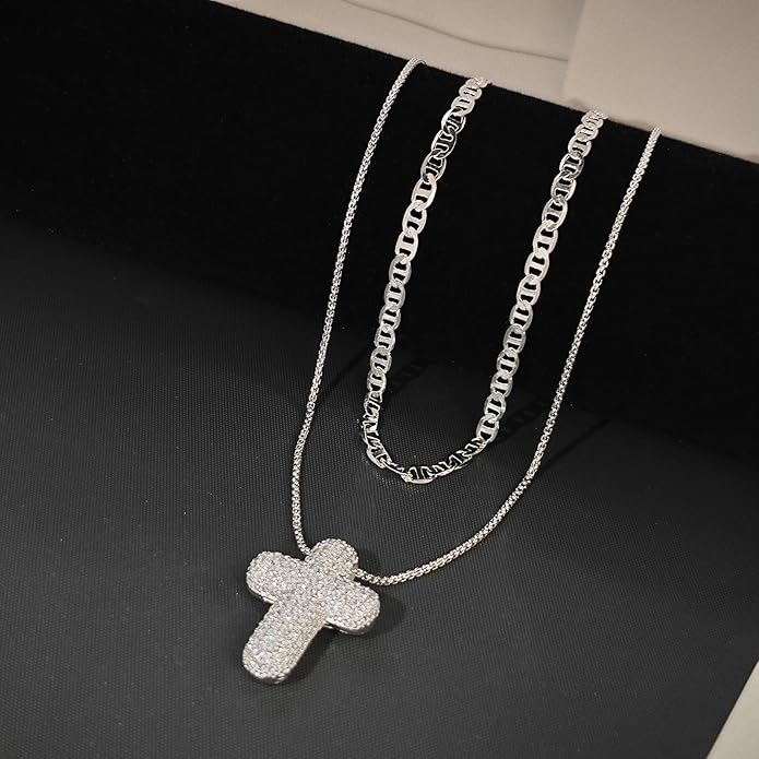 OGD Bubble Cross Necklace for Women 14k Gold Plated Cross Necklace Stackable Dainty Gold Necklace Mariner Chain Necklace CZ Cross Pendant Necklaces Set Simple Jewelry Gift